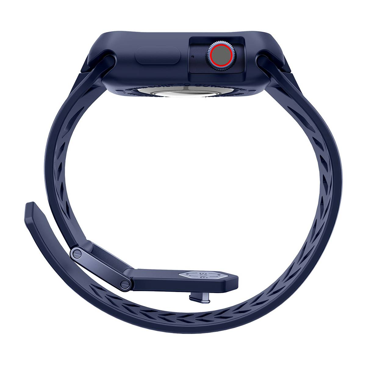 Uno smartwatch blu scuro con cinturino abbinato. Il quadrante è visibile, con un pulsante laterale rosso.