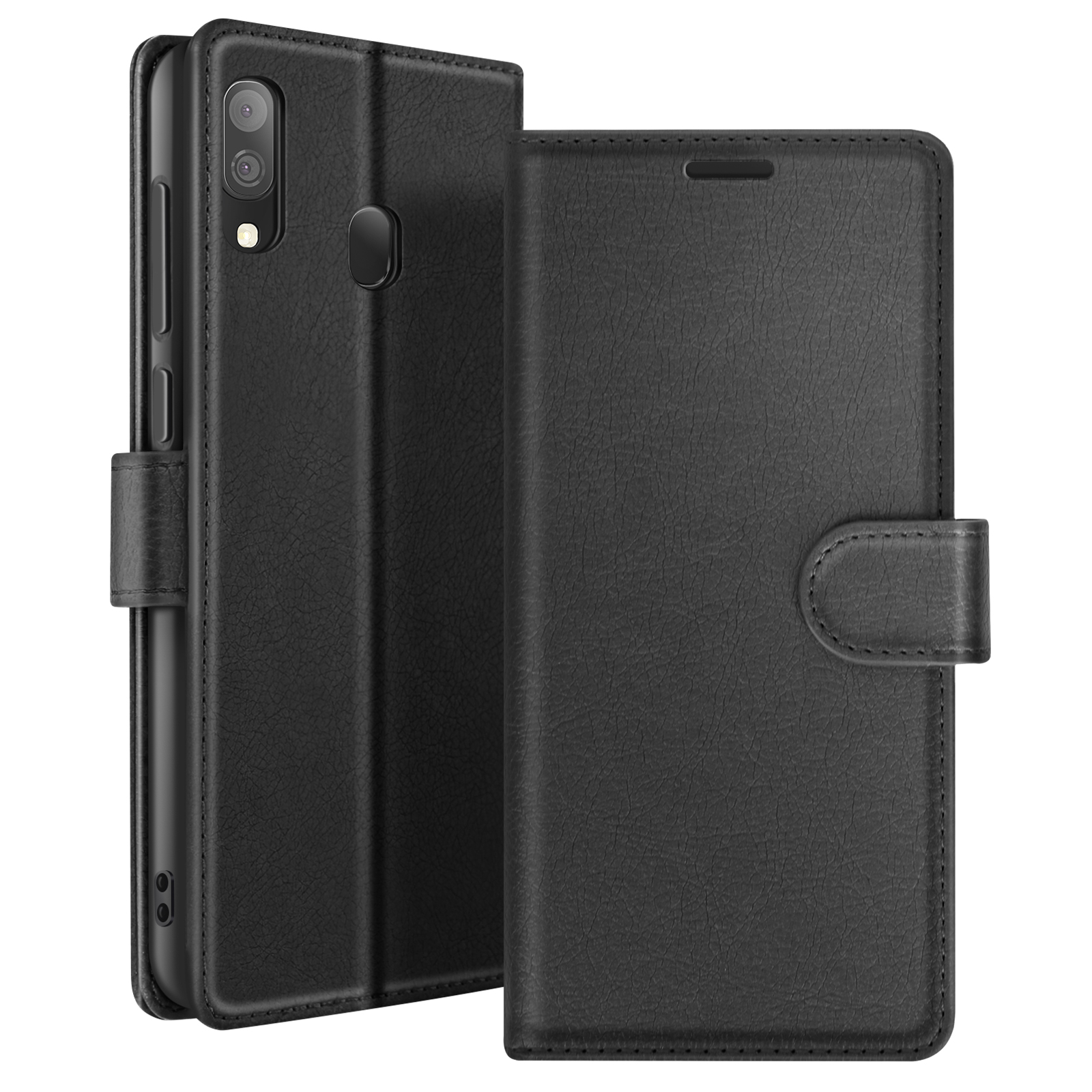 Étui de téléphone noir avec sections ouvertes et fermées. Le téléphone est visible dans la section ouverte. L'étui a une finition texturée.