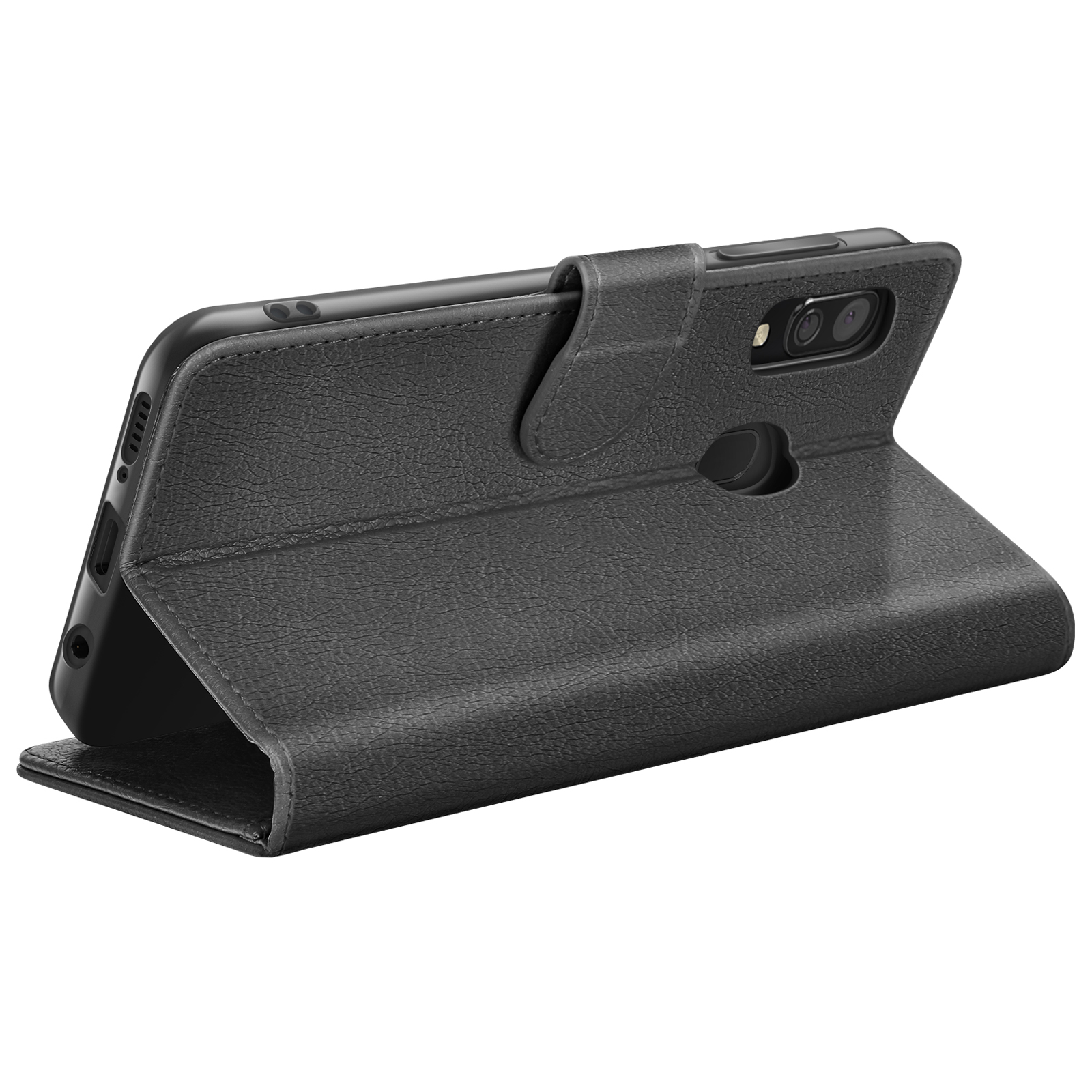 Un étui de téléphone en cuir noir est ouvert. Le téléphone est à l'intérieur. Il a une caméra. Le fond est blanc.
