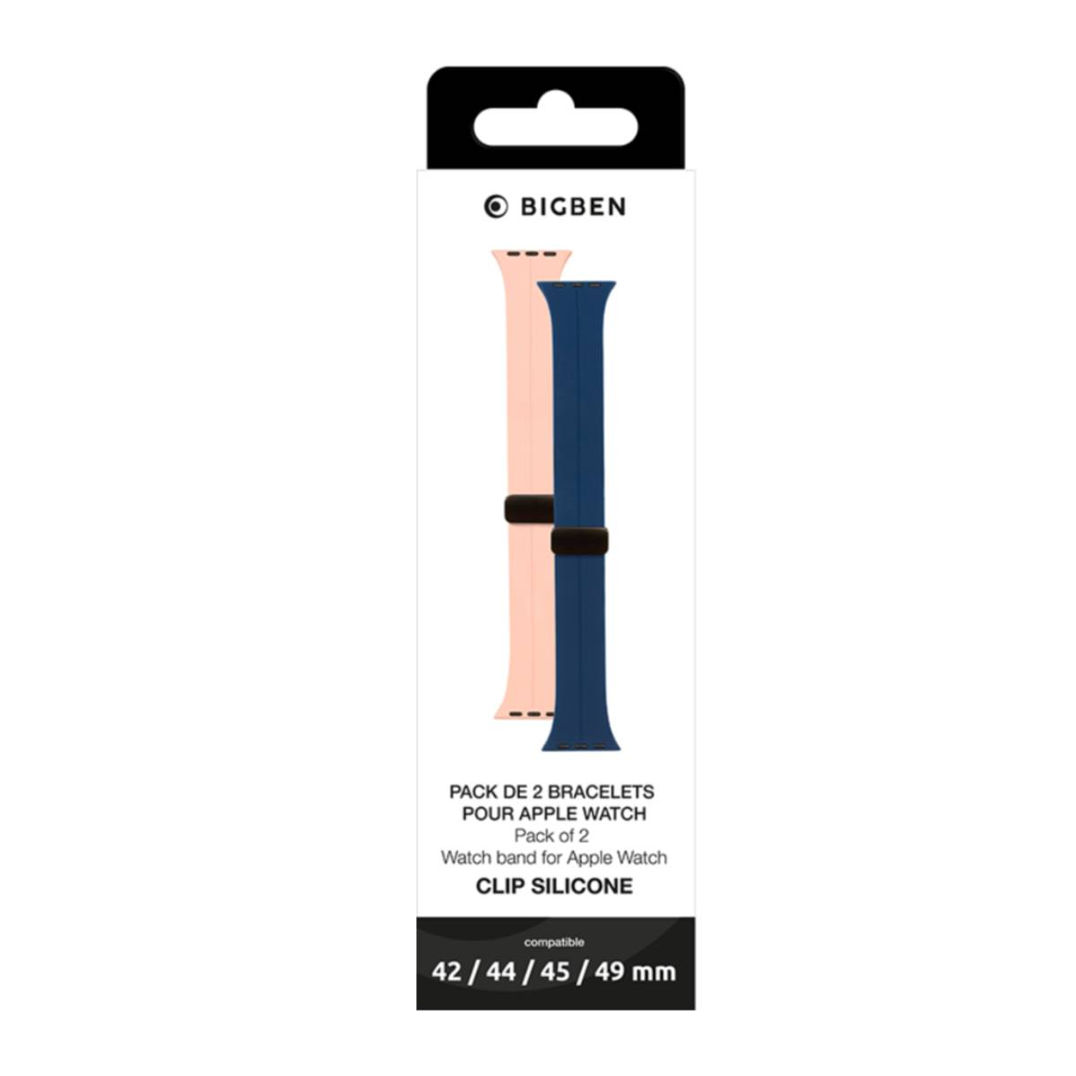 Una confezione di due cinturini per Apple Watch. Uno è rosa, l'altro blu scuro. La confezione presenta il logo Bigben e testo.