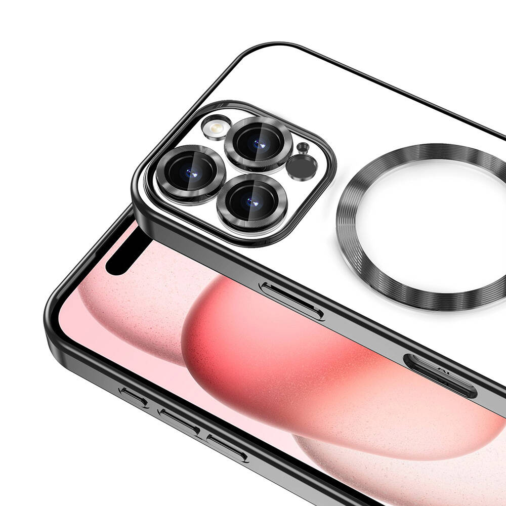 Siyah kenarlı şeffaf bir telefon kılıfı. Kamera lenslerini ve aksesuarlar için bir halkayı gösterir. Ekran şeftali rengi gösterir.