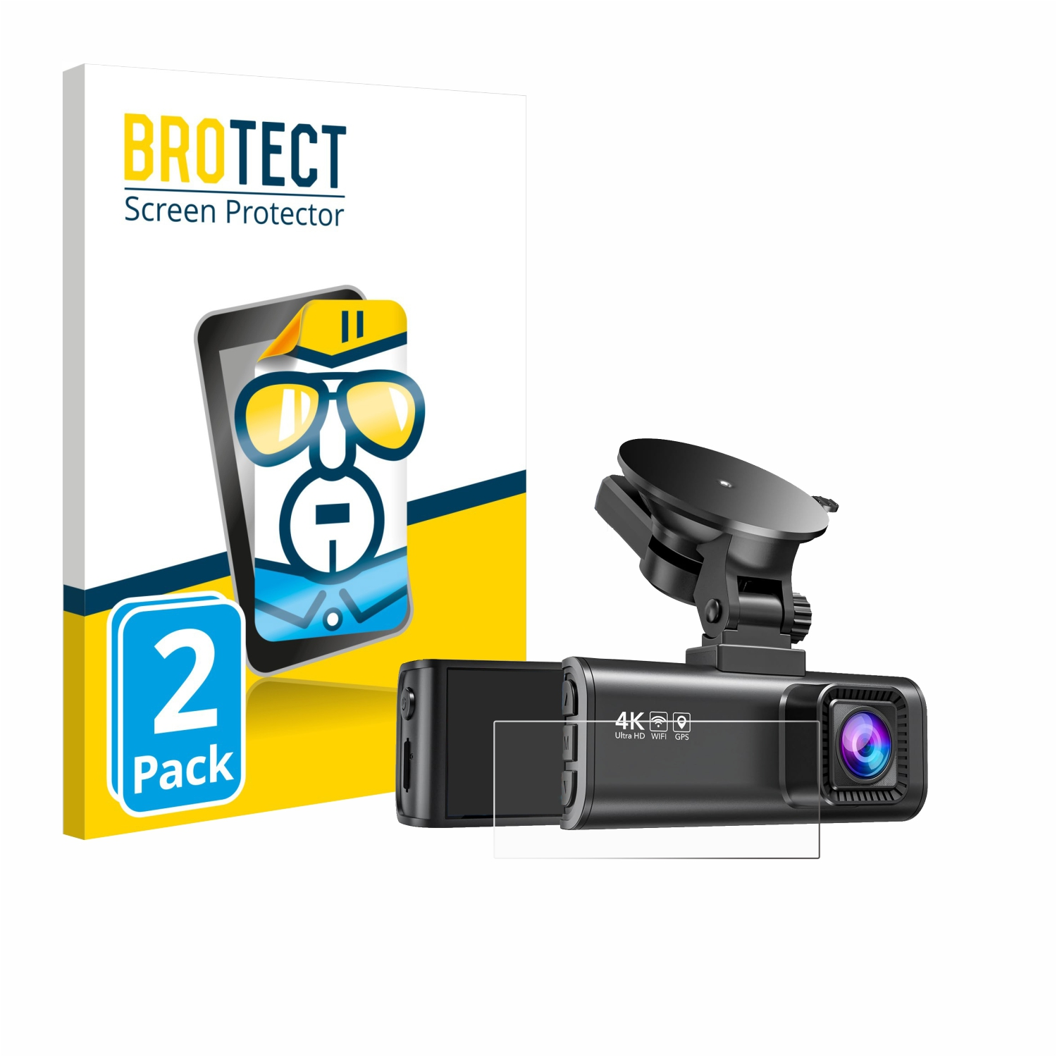 Eine Displayschutzfolienbox mit 2-Pack-Etikett und einer Dashcam. Die Dashcam hat ein Objektiv und ist auf einem Ständer montiert.