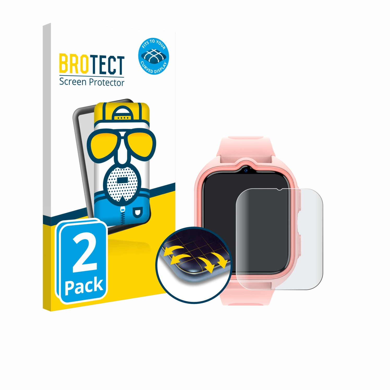 Das Bild zeigt eine rosa Smartwatch neben einer Displayschutzfolienbox. Die Box hat einen Cartoon und Text: BROTECT Screen Protector.