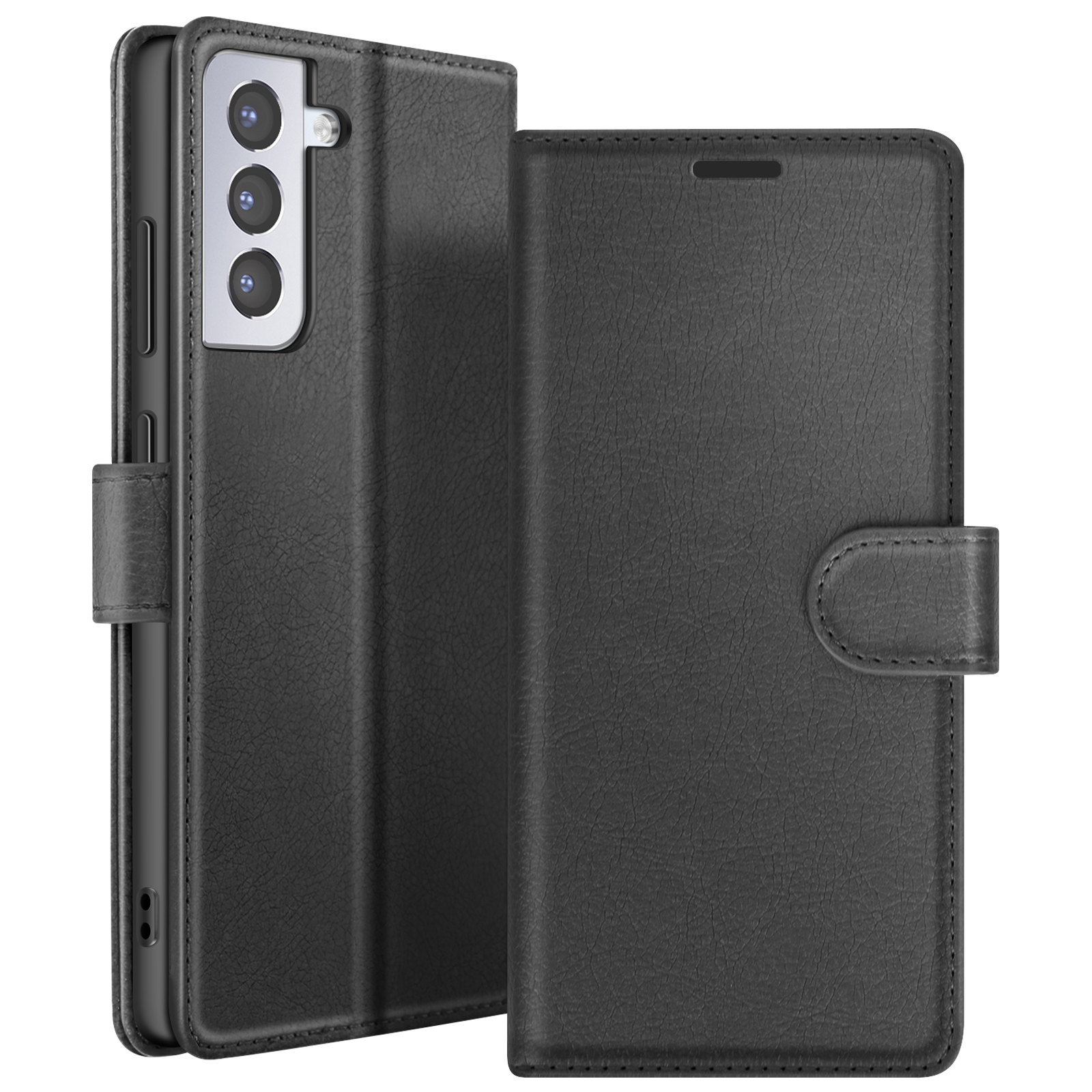 Étui de téléphone noir avec une finition texturée, ouvert pour afficher un téléphone. L'étui a une fermeture magnétique.