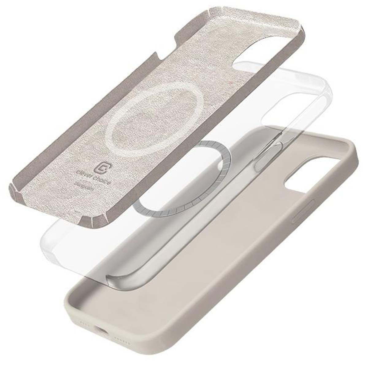 Componenti della custodia del telefono separati. Sopra: parte beige strutturata. Centro: plastica trasparente. Sotto: custodia beige. Tutti con ritagli.