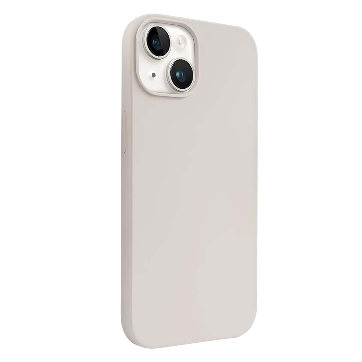 Una custodia per telefono grigio chiaro con un ritaglio per una fotocamera a doppia lente. La custodia è liscia, con bordi arrotondati. Lo sfondo è bianco.