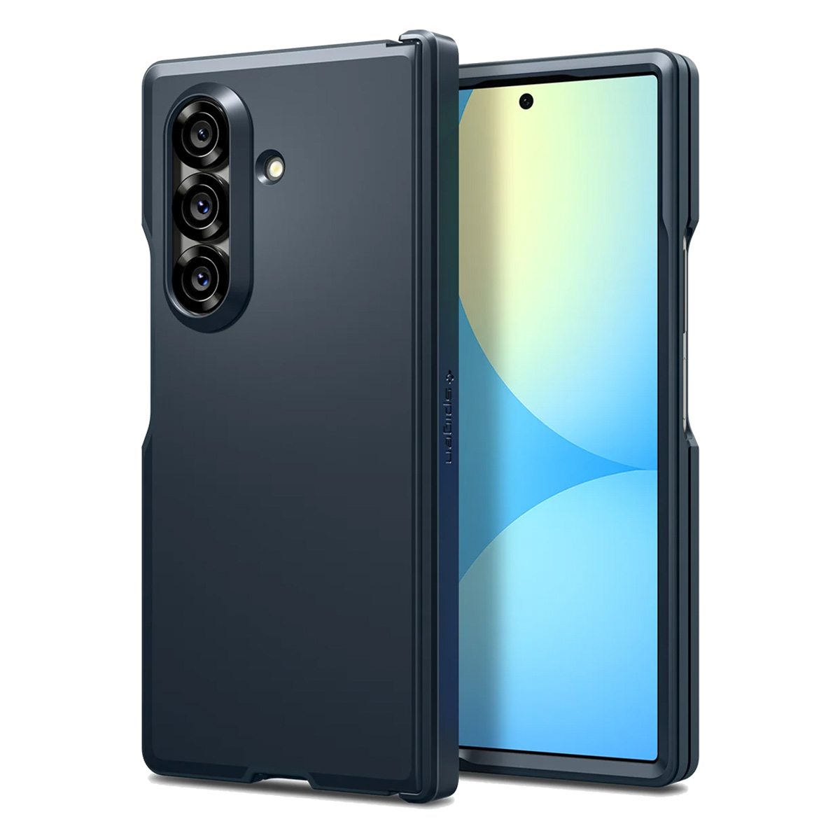 Un étui de téléphone bleu foncé, ouvert pour révéler un écran de téléphone. L'étui a trois objectifs de caméra et un logo Spigen.