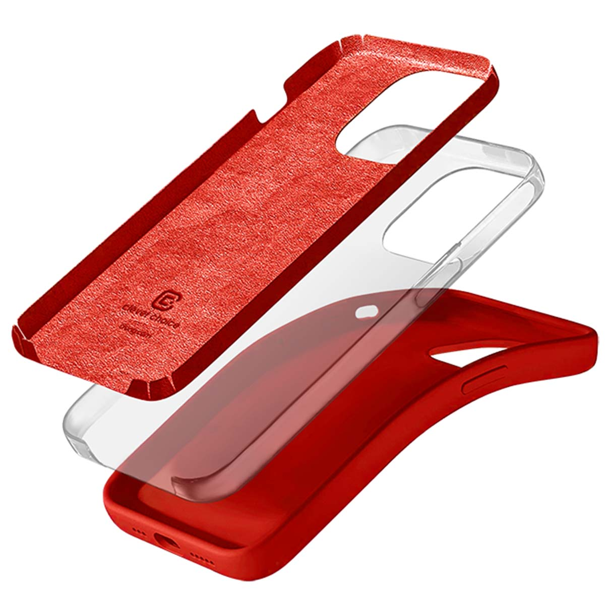 Custodia per telefono a tre strati: parte superiore in pelle rossa, centrale trasparente e inferiore rossa. Lo strato superiore ha un logo.