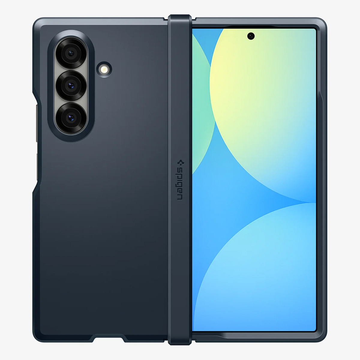 Un étui de téléphone bleu marine avec un design pliable. Un côté a trois lentilles de caméra, l'autre affiche un écran bleu clair.