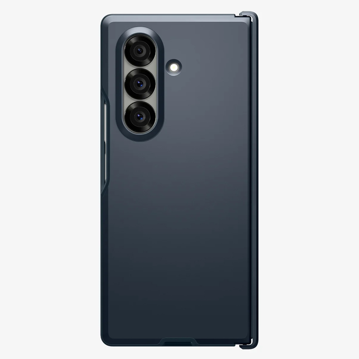 Dos d'un smartphone bleu foncé avec trois lentilles de caméra et un flash. Le téléphone est fermé et a un design moderne.