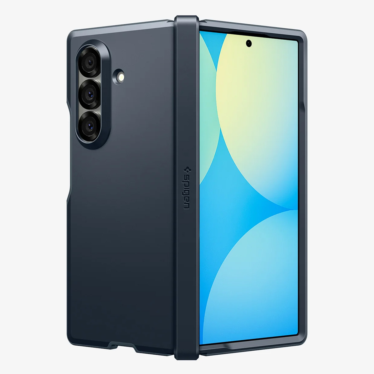 Un téléphone pliable bleu foncé. L'avant montre un écran avec des dégradés bleus et jaunes. L'arrière a des objectifs de caméra et un logo Spigen.