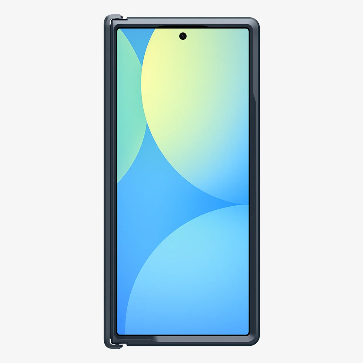 Un smartphone avec un écran dégradé bleu et jaune. Il a une lunette noire et une petite caméra en haut.