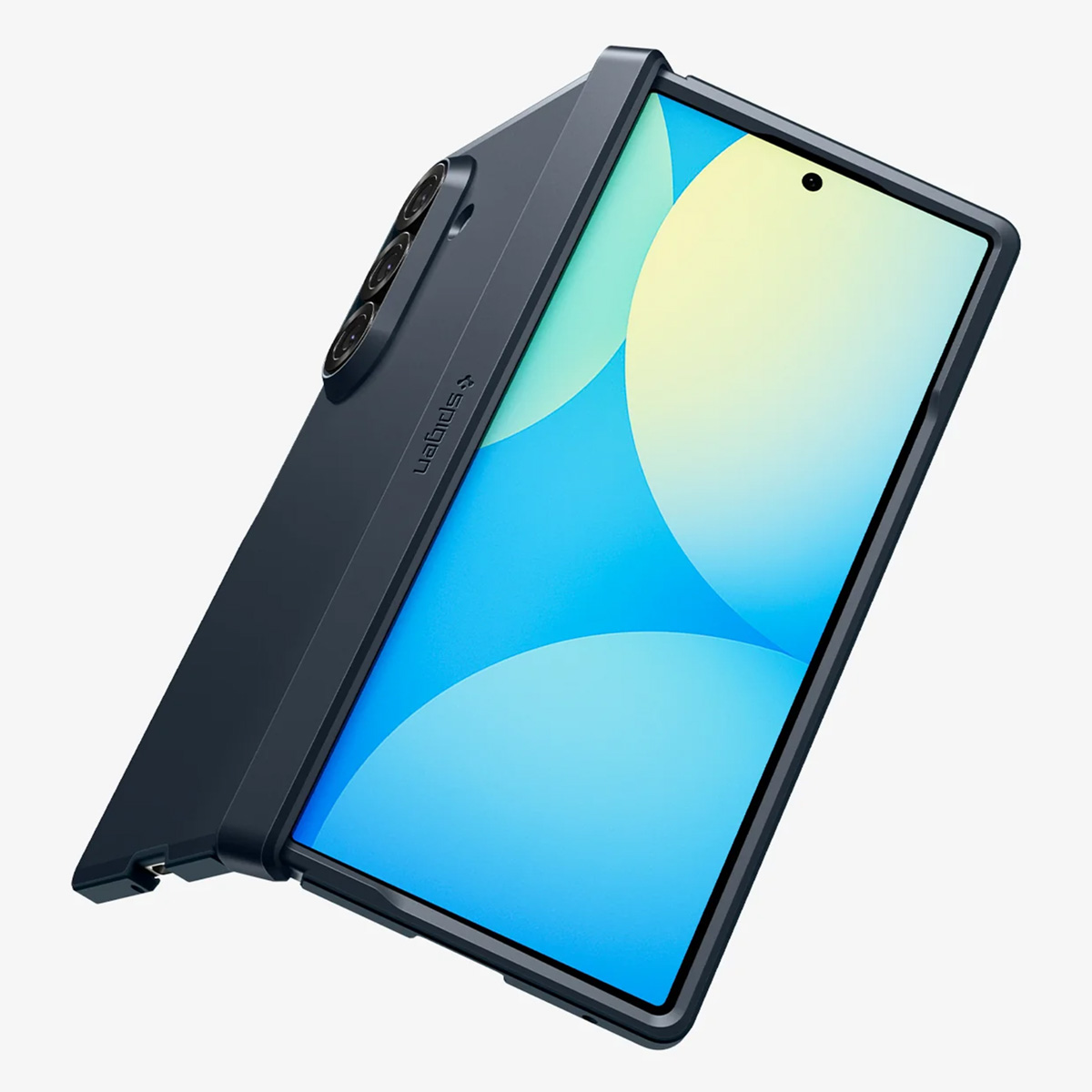 Un smartphone bleu foncé avec un étui est affiché en biais. L'écran affiche des dégradés bleus et jaunes.