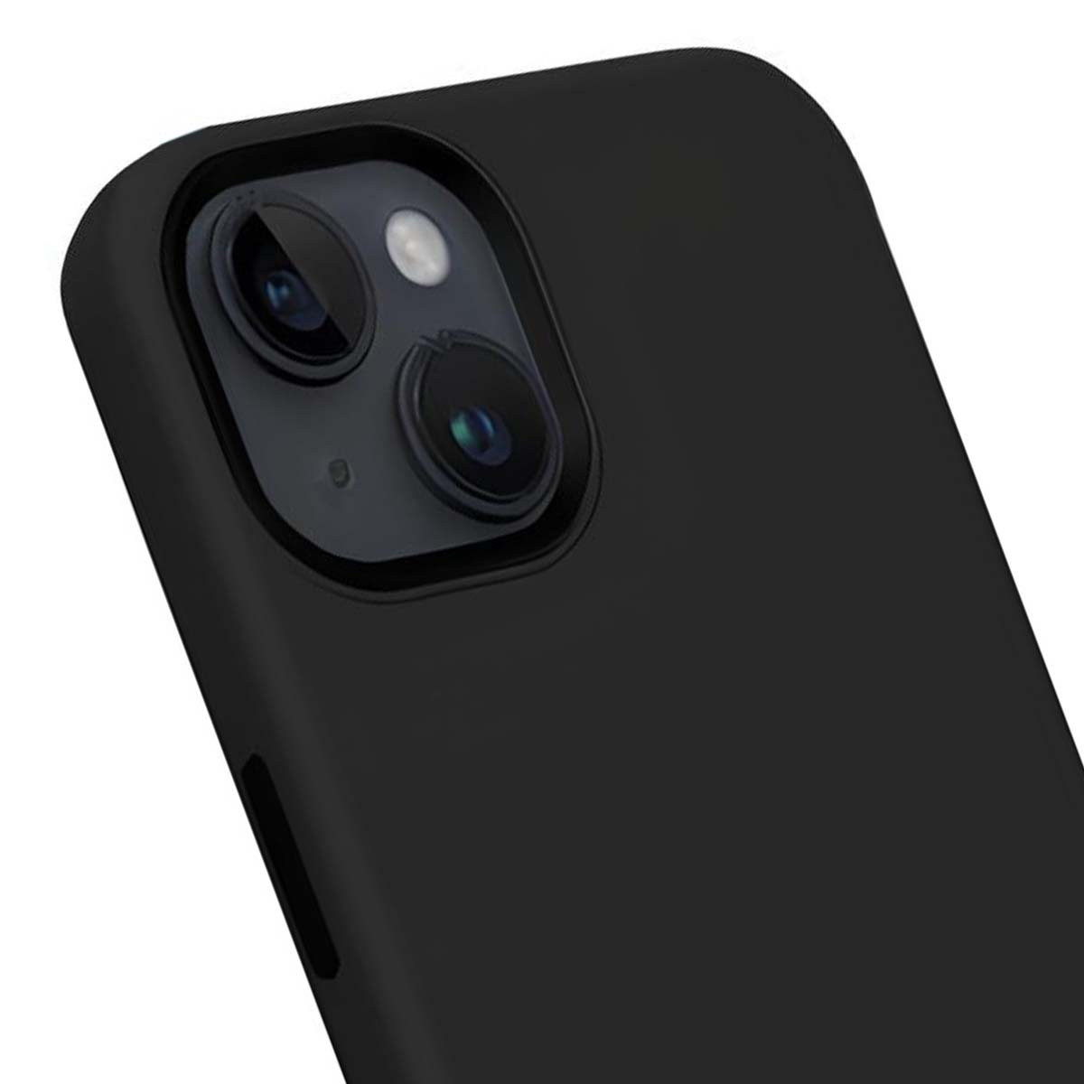 Primo piano di una custodia nera per smartphone. Sono visibili due lenti e un flash. La custodia è liscia e opaca.
