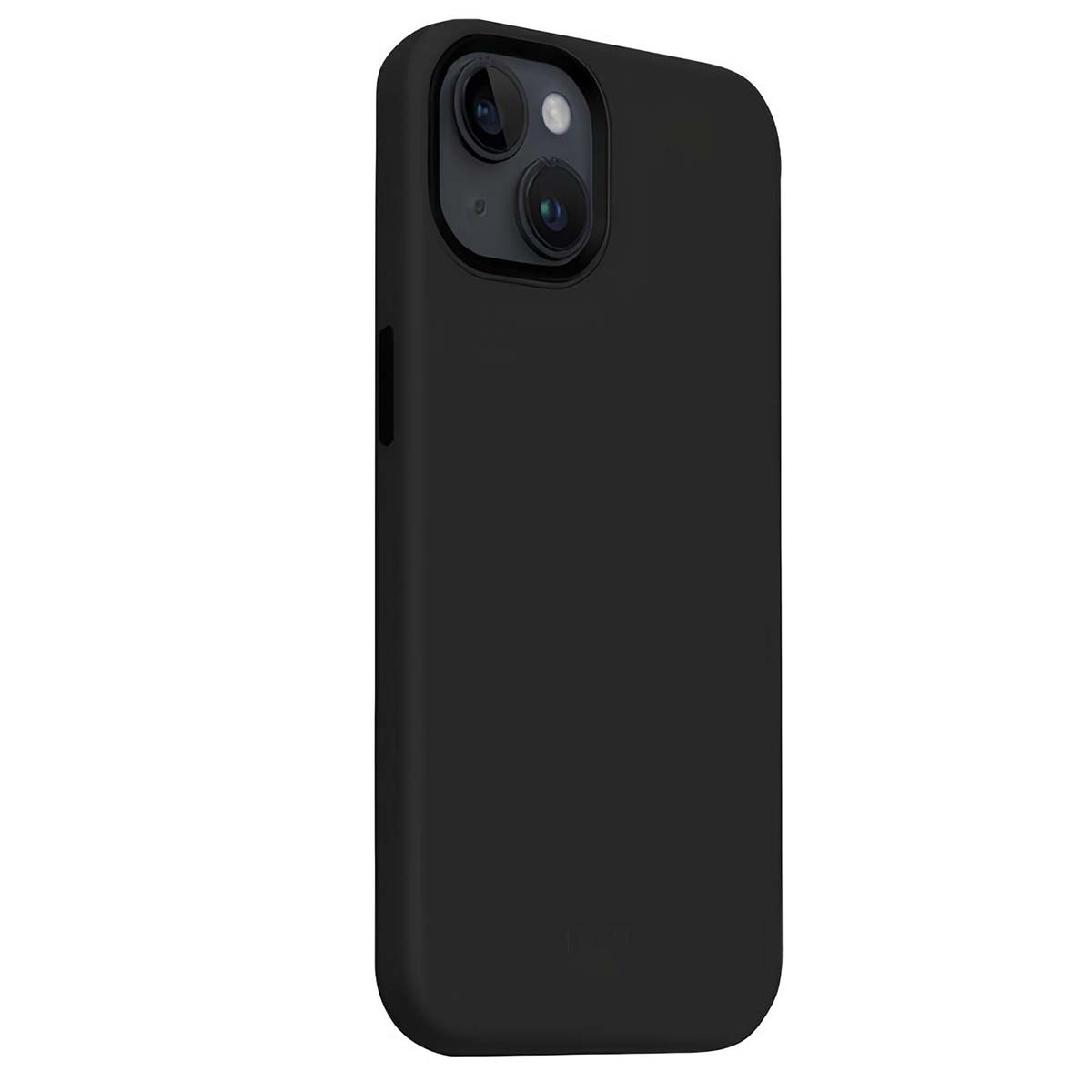Una custodia nera per iPhone con un rilievo per la fotocamera. La custodia è liscia, la fotocamera del telefono è visibile. Lo sfondo è bianco.