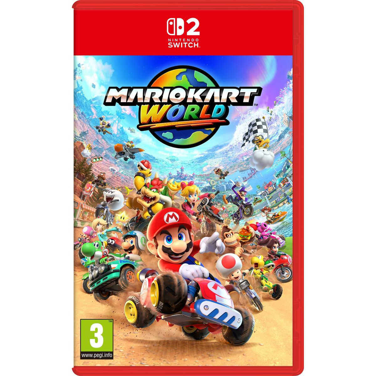 Okładka gry Mario Kart World. Mario w gokarcie, otoczony postaciami. Kolorowe tło.