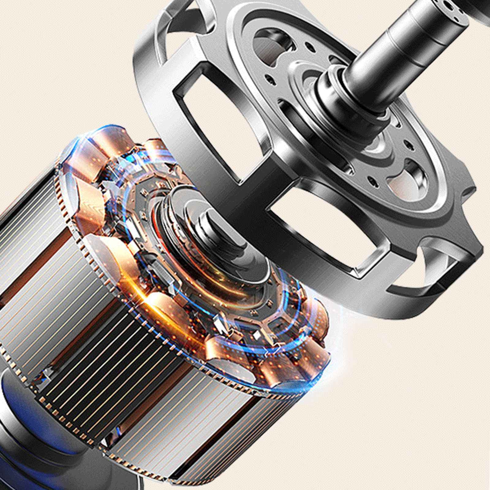 Nahaufnahme eines zerlegten Elektromotors. Metallische Komponenten mit zylindrischem Rotor und kreisförmigem Zahnradteil.