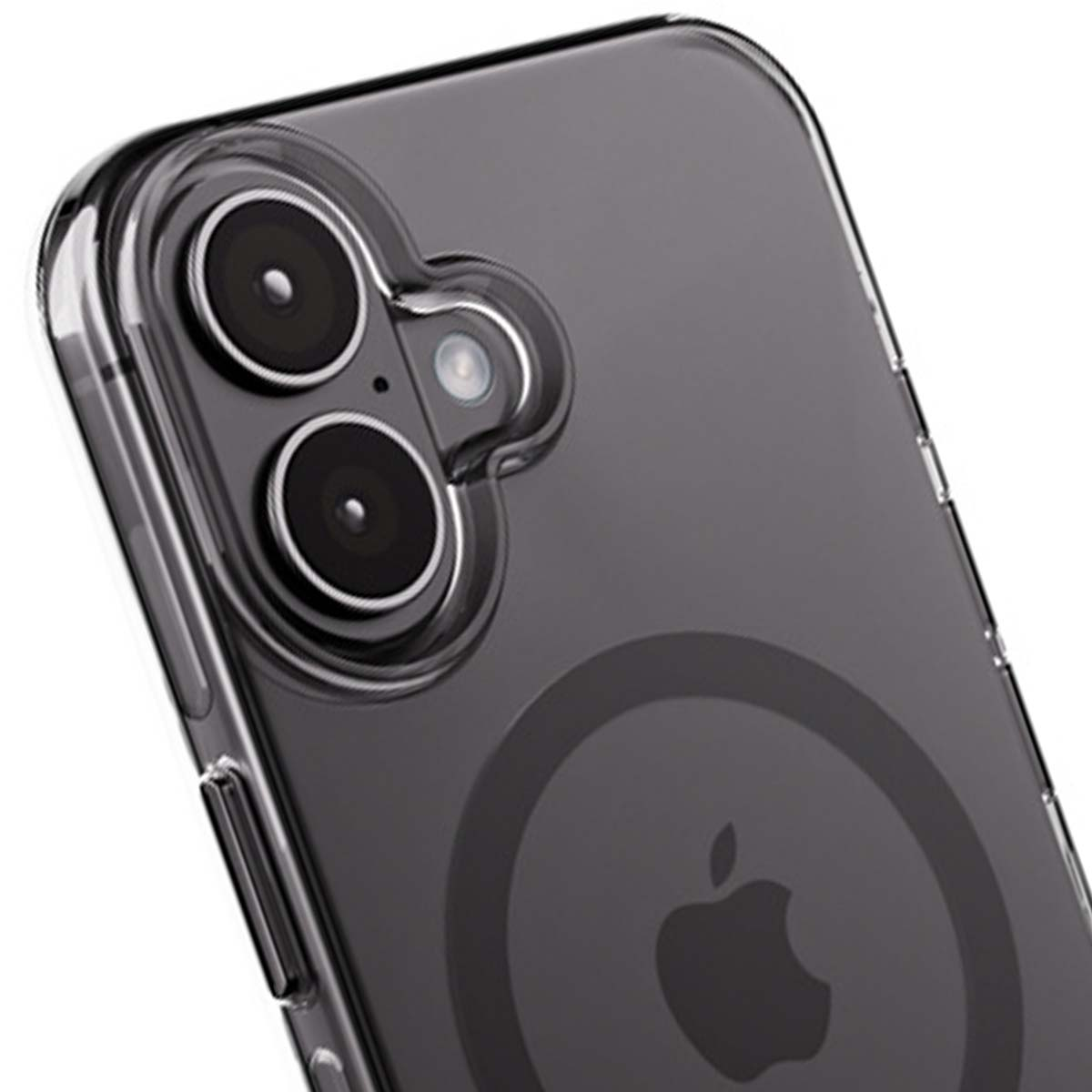 Primo piano di una custodia trasparente per telefono. Sono visibili le lenti della fotocamera, il logo Apple e un anello magnetico.