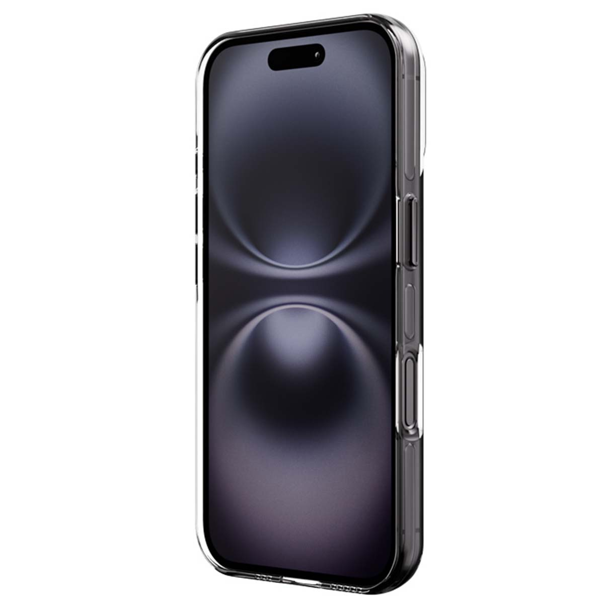 Una custodia trasparente per telefono su un telefono scuro. Il telefono ha uno schermo nero e un ritaglio per la fotocamera.