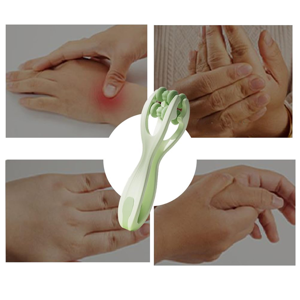 Ein Handmassagegerät und Hände, die Schmerzen zeigen. Eine Hand wird massiert. Das Bild zeigt verschiedene Handpositionen mit Schmerzen.