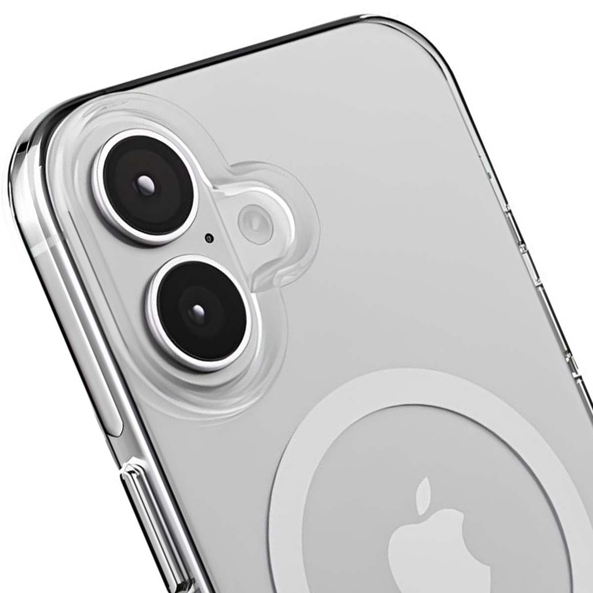 Primo piano di una custodia trasparente per telefono con due obiettivi e un logo Apple. La custodia è su un telefono bianco.