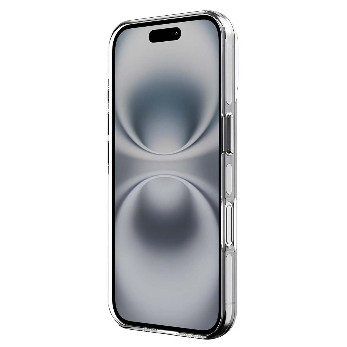 Una custodia trasparente per telefono racchiude uno smartphone argentato. Lo schermo mostra un motivo sfocato che riflette la luce.