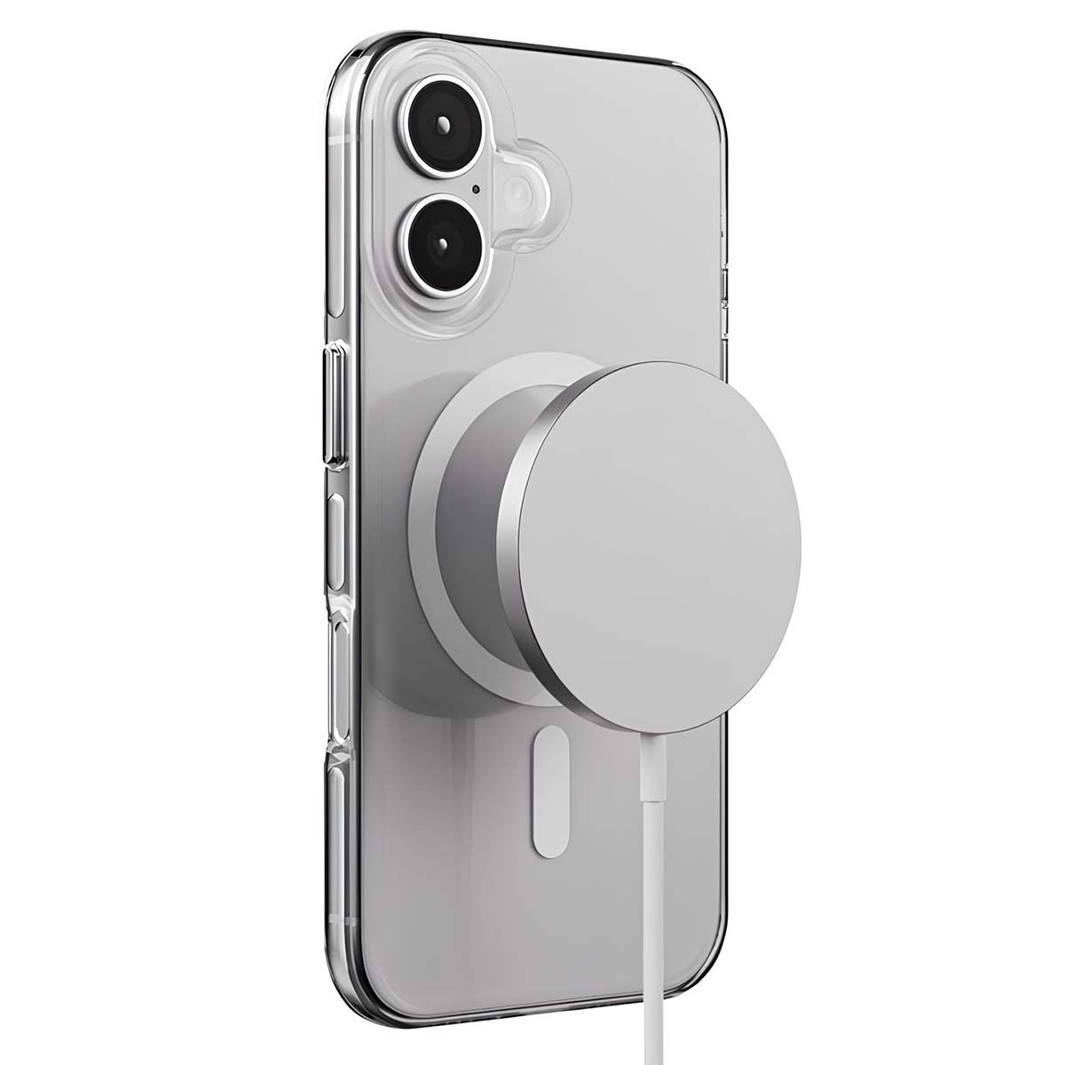 Un iPhone argento con una custodia trasparente, un caricatore circolare argento e un cavo di ricarica bianco.