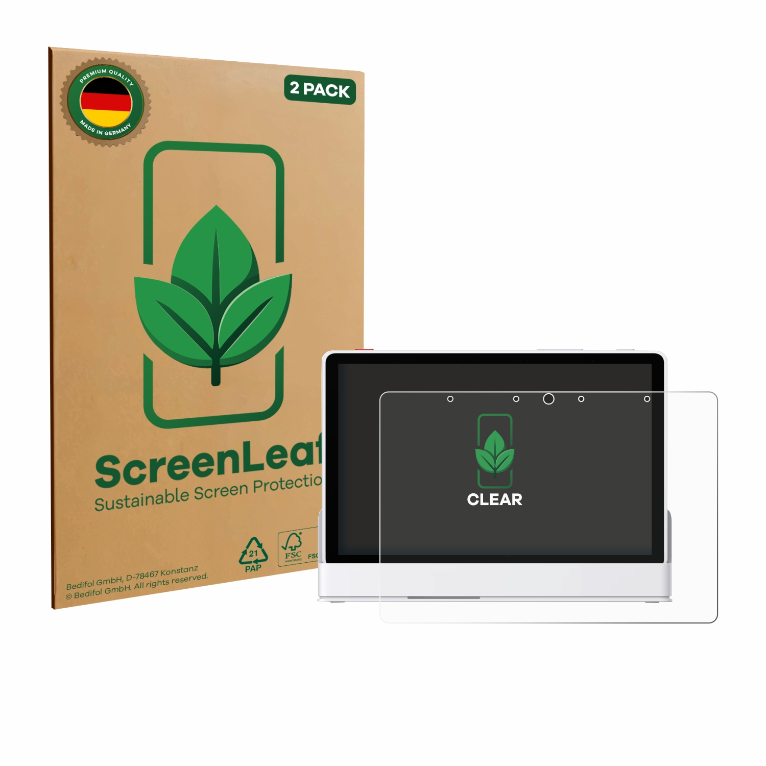Ein Displayschutz-Set mit einem Tablet und Verpackung. Die Verpackung ist braun mit einem grünen Blatt-Logo und dem Wort 'ScreenLeaf'.