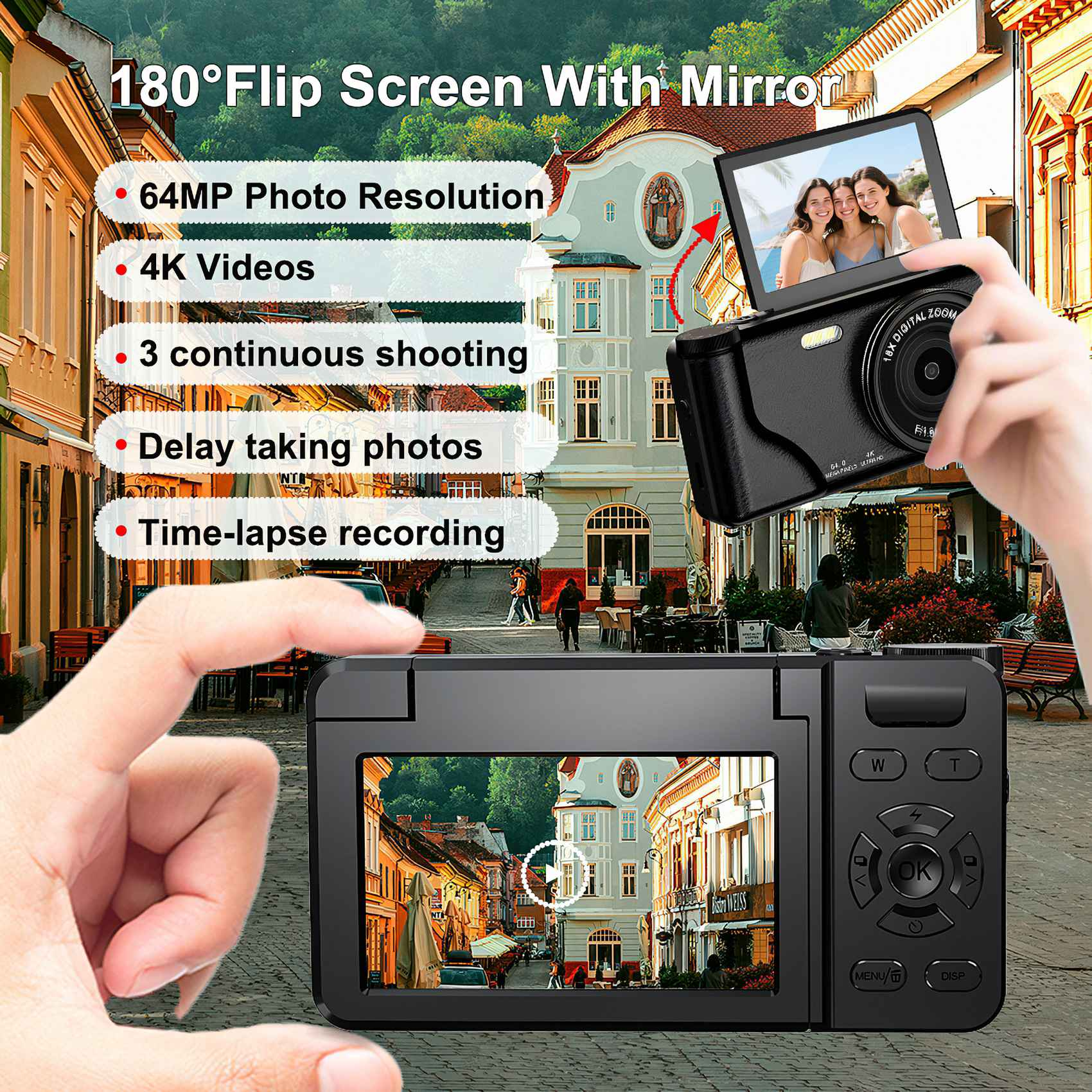 Eine schwarze Digitalkamera mit Klappbildschirm zeigt eine Stadtszene. Zu den Funktionen gehören 64MP Auflösung und 4K Video.