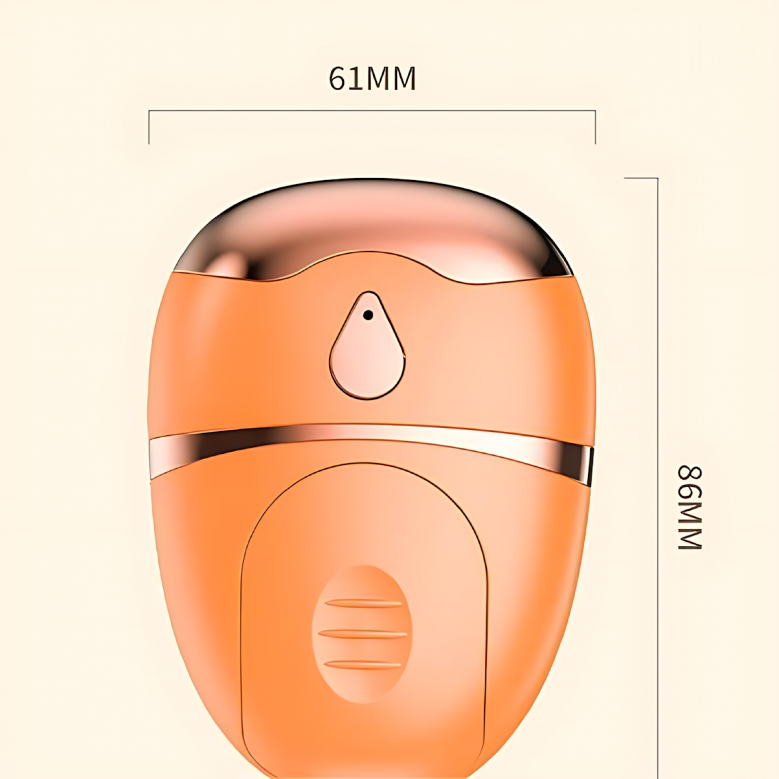 Ein orangefarbener elektrischer Nagelknipser mit roségoldenem Oberteil und Akzent. Die Abmessungen betragen 61 mm x 86 mm.