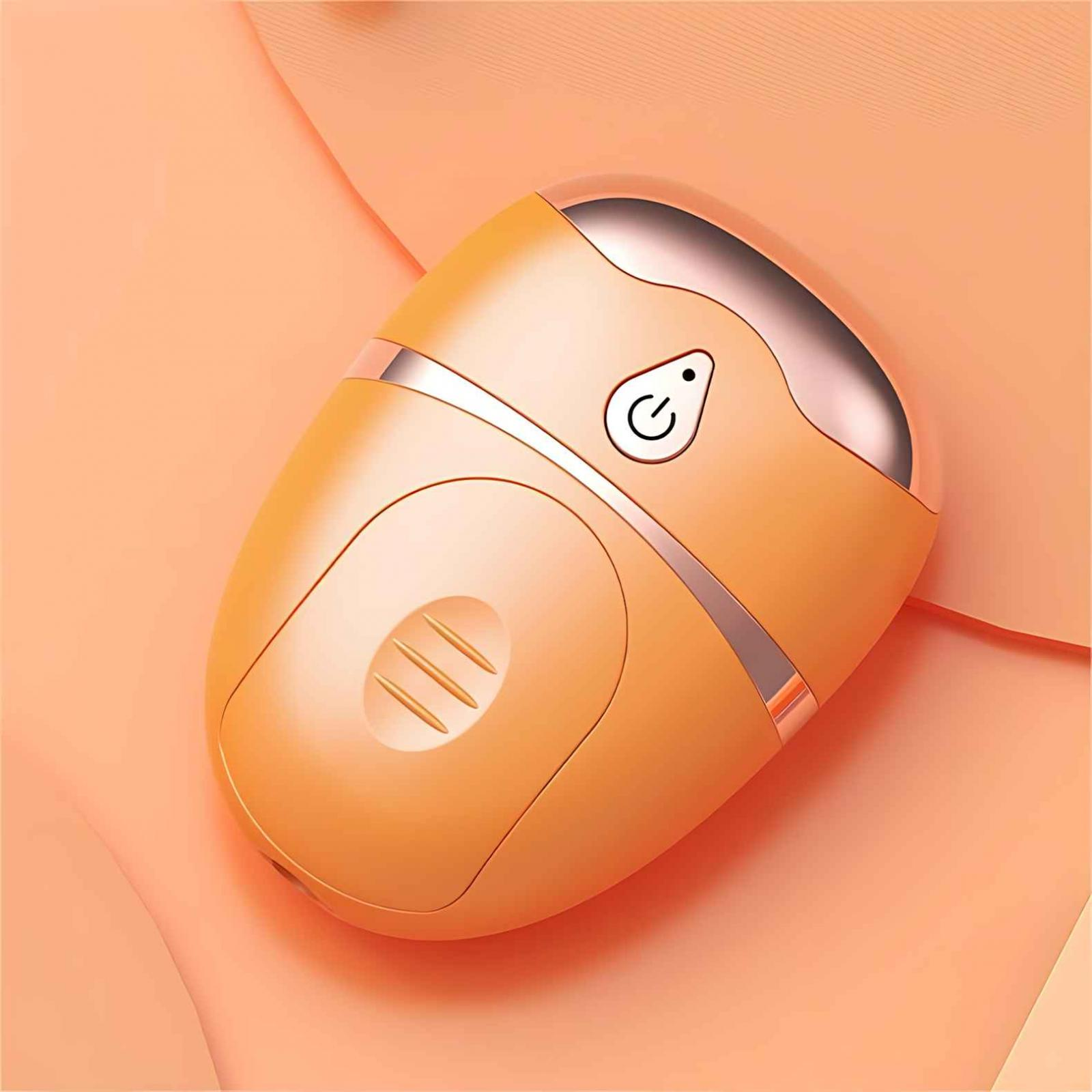 Eine orangefarbene elektrische Nagelfeile mit roségoldener Zierleiste und Ein- / Aus-Taste, vor weichem Hintergrund.