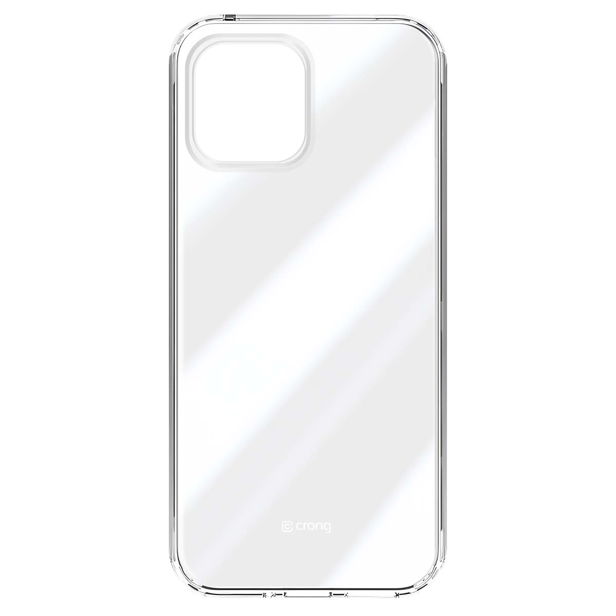 Una custodia trasparente per telefono con ritaglio per fotocamera. La custodia è trasparente con un leggero riflesso. Il marchio è visibile.