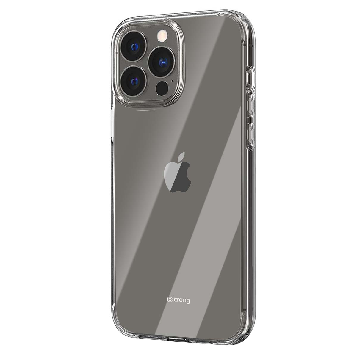 Una custodia trasparente per telefono con un telefono grigio all'interno. Logo Apple visibile. La custodia ha un ritaglio per la fotocamera e pulsanti.
