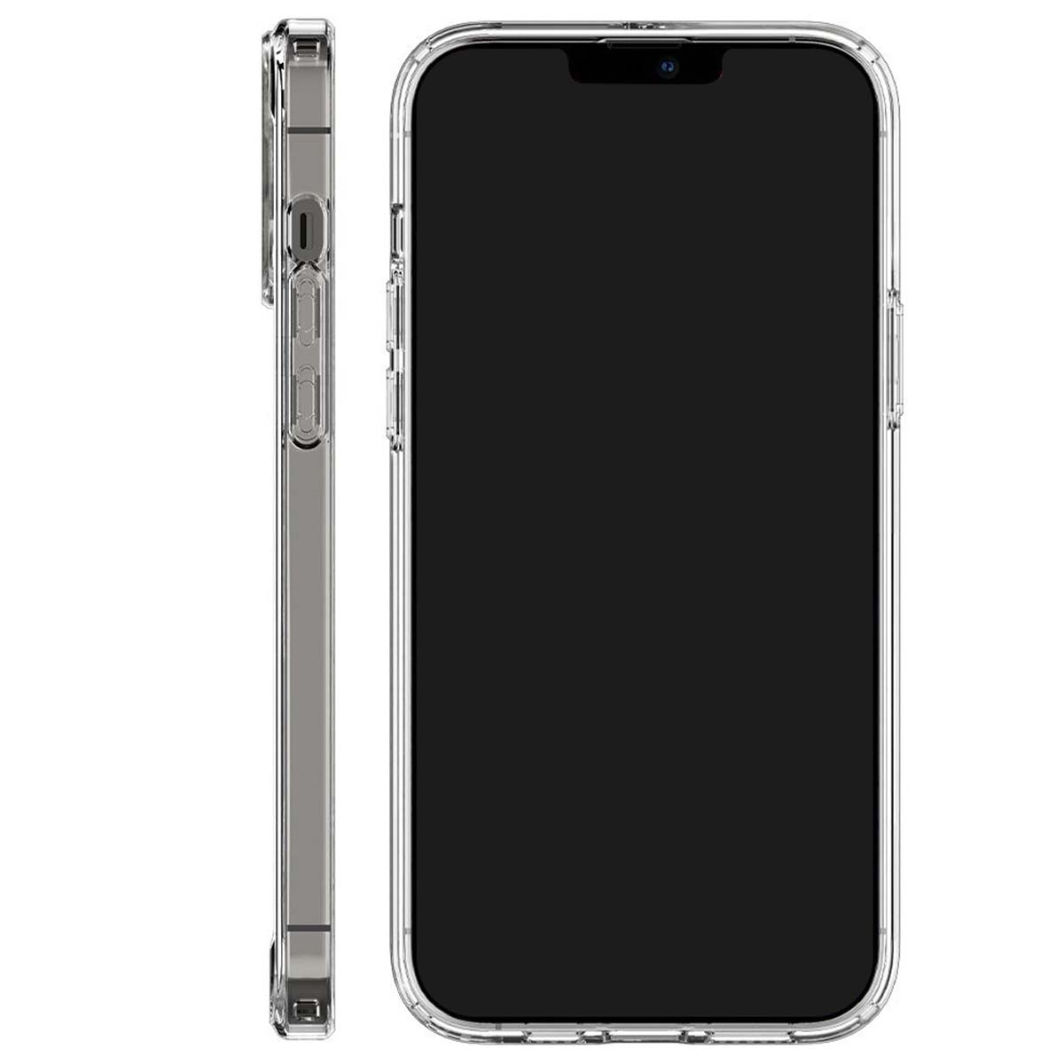 Una custodia trasparente per telefono che mostra un iPhone. Lo schermo è nero e la custodia trasparente, con i pulsanti laterali visibili.