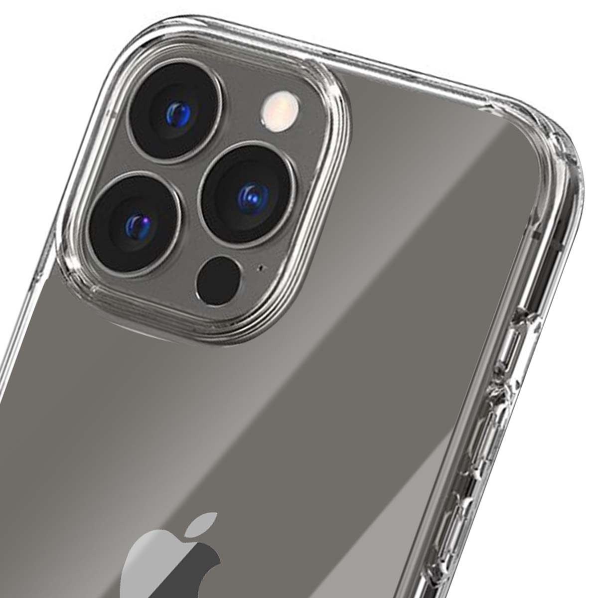 Primo piano di un iPhone con custodia protettiva trasparente. Sono visibili le lenti della fotocamera e il logo Apple. La custodia è trasparente.