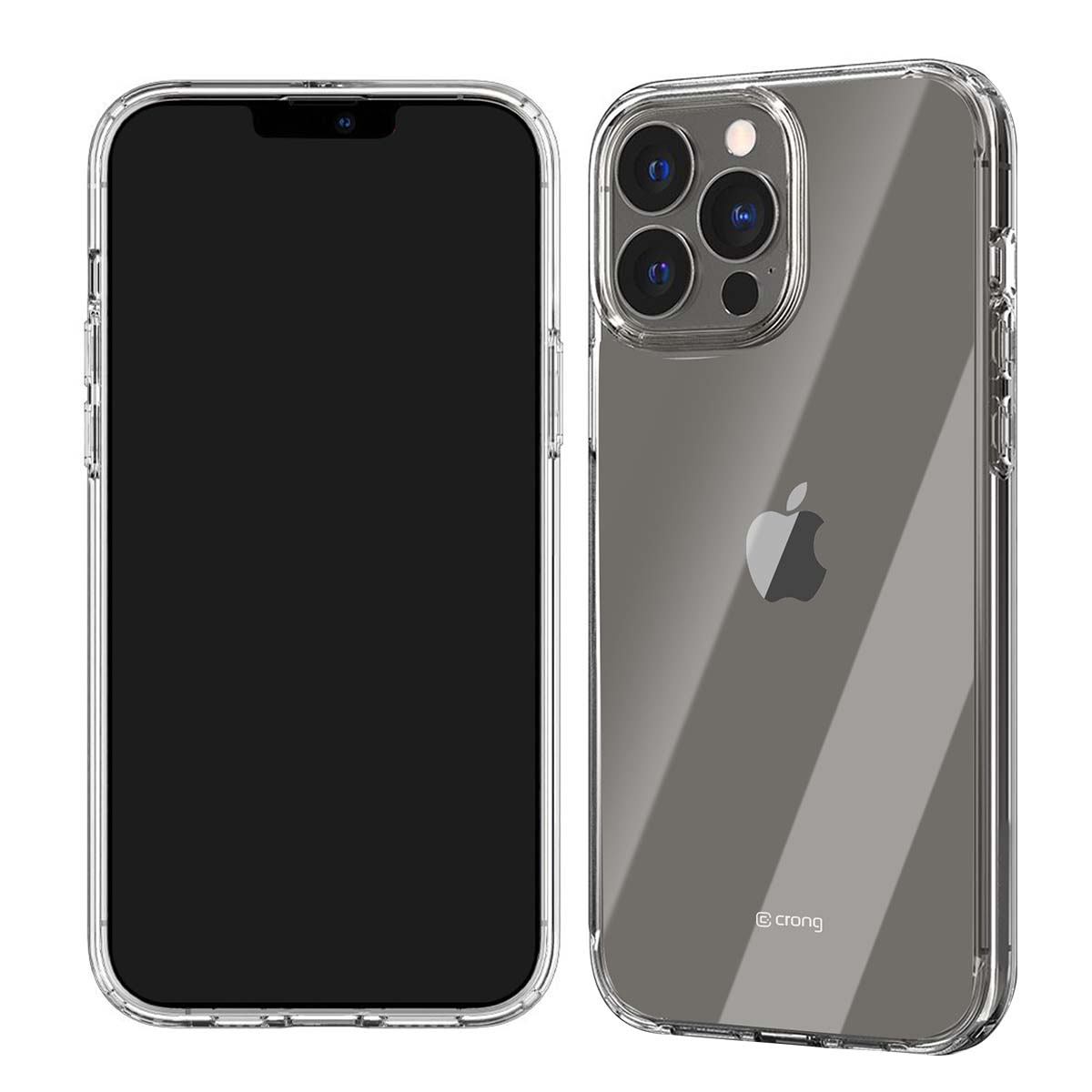 Due smartphone in custodie trasparenti, uno con schermo nero. L'altro con logo Apple e obiettivi della fotocamera.