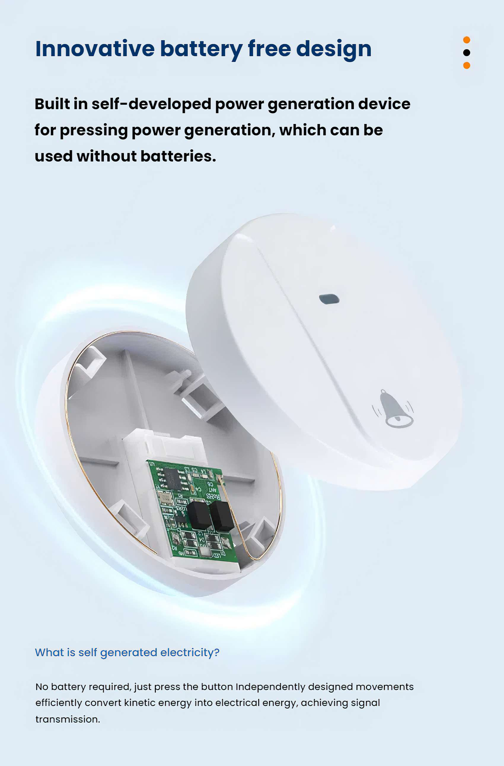 Weiße Türklingel mit offenem Gehäuse, das eine Leiterplatte zeigt. Text: 'Innovatives batteriefreies Design' und verwandte Details.