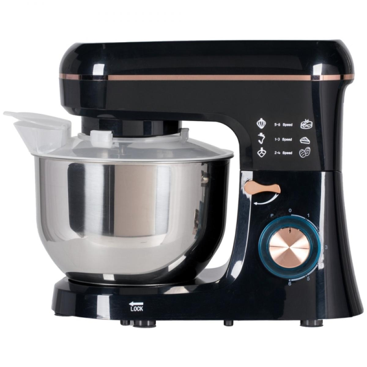 Ein schwarzer und silberner Küchenmixer mit kupferfarbenen Akzenten. Er hat eine Edelstahlschüssel, einen Drehzahlregler und einen Spritzschutz aus klarem Kunststoff.