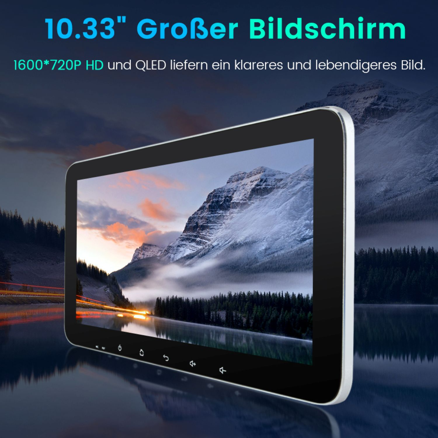 Ein Tablet, das eine Berglandschaft zeigt. Oben steht '10,33" Großer Bildschirm'. Im Hintergrund ein See und Berge.