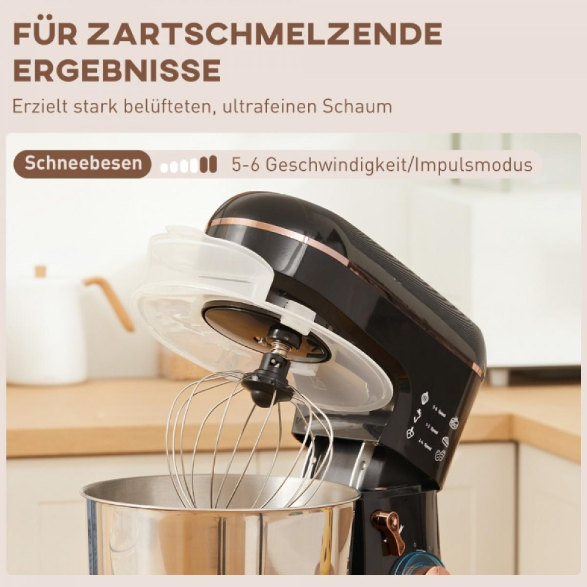 Ein schwarzer Küchenmixer mit Schneebesenaufsatz. Die Schüssel ist aus Edelstahl. Text auf Deutsch ist oben.