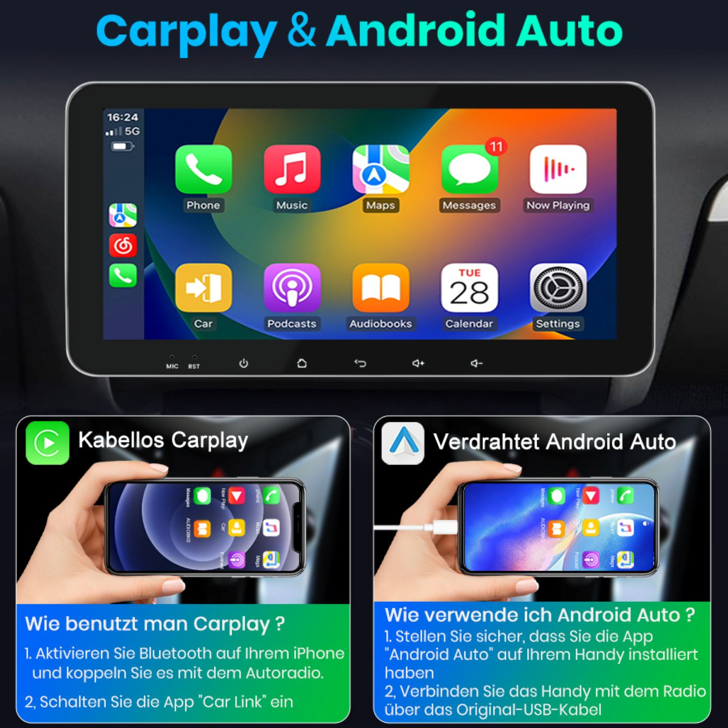 Carplay & Android Auto Display. Zeigt Telefon-Icons, Car Link-Anweisungen und Android Auto-Einrichtungsschritte.