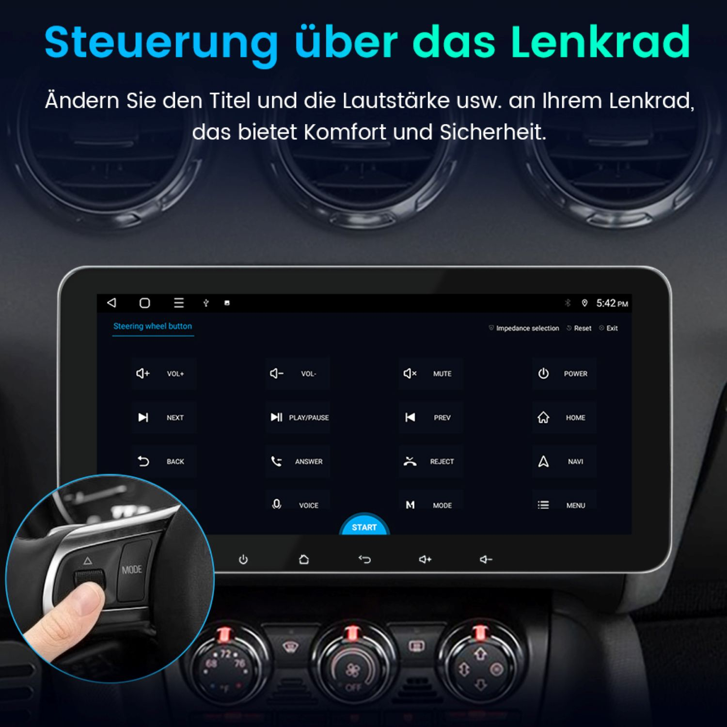 Autarmaturenbrett mit Bildschirm, der Bedienelemente anzeigt. Eine Hand drückt eine Modus-Taste am Lenkrad.