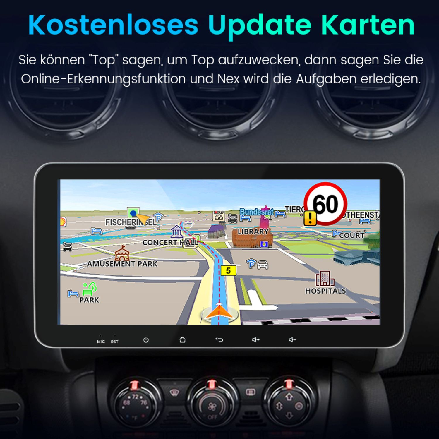 Auto-Navigationsbildschirm mit Karte, Sehenswürdigkeiten und einem Geschwindigkeitsbegrenzungsschild.
