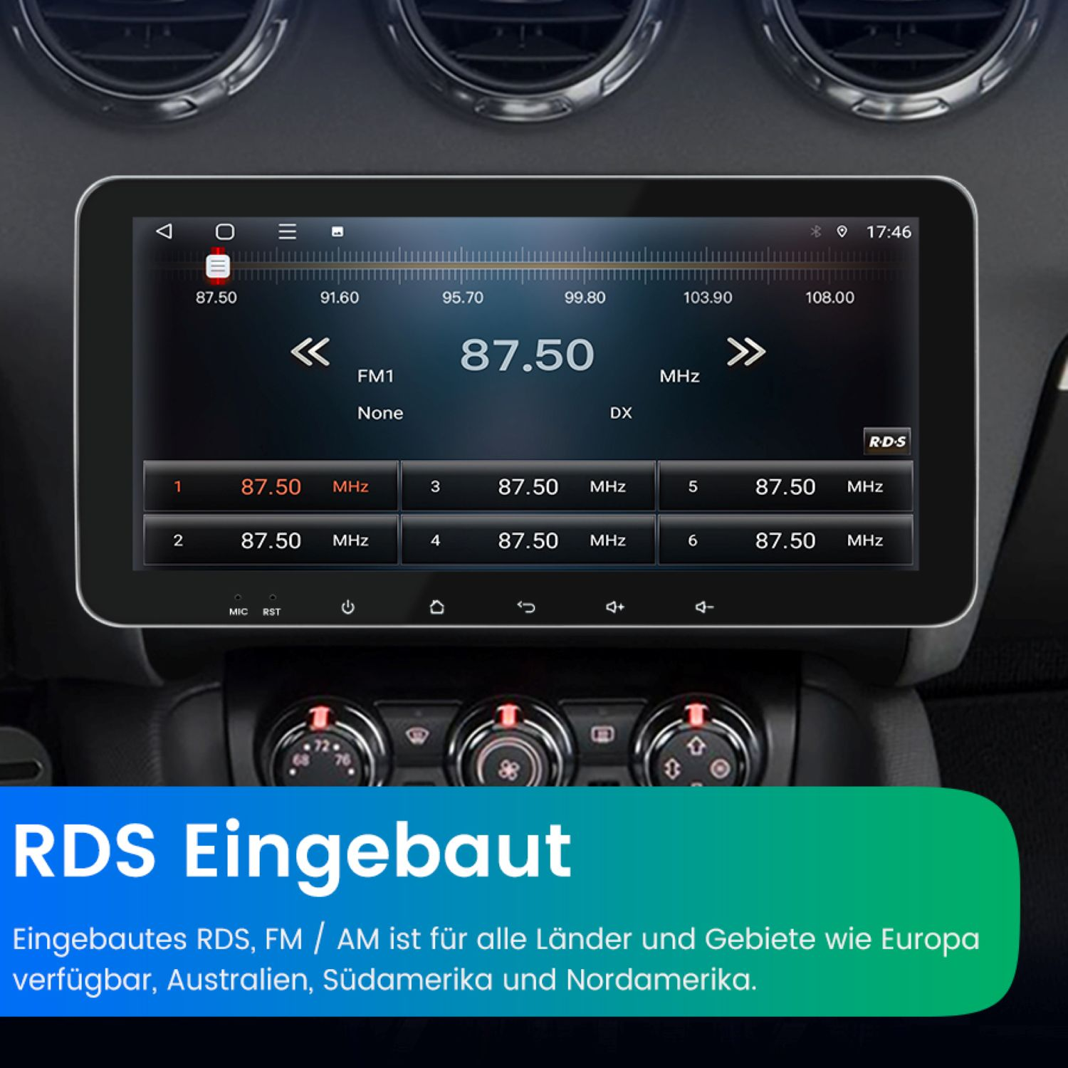 Autoradiobildschirm mit FM-Radio-Informationen, Tasten und Text. Der untere Teil zeigt Text mit grünem und blauem Farbverlauf.
