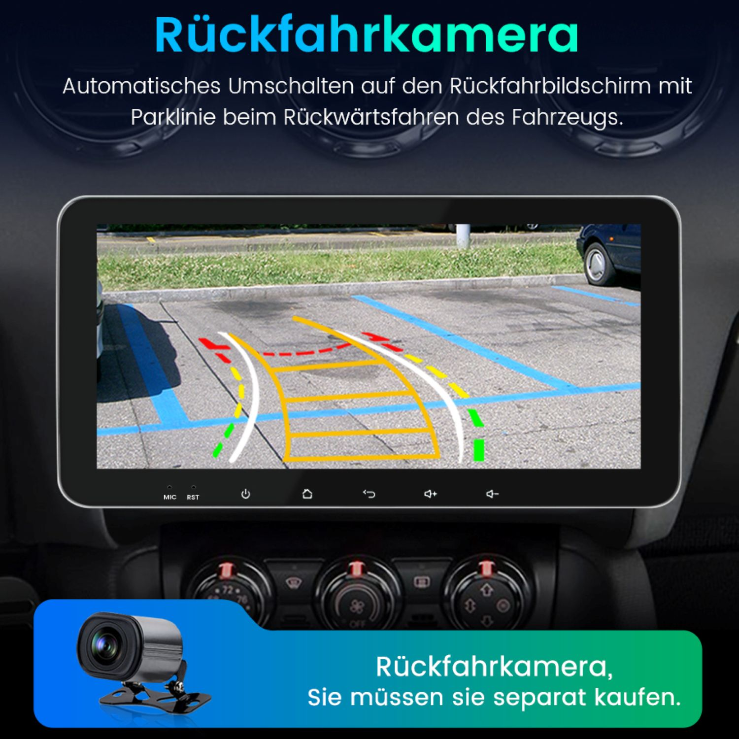 Rückfahrkamera-Display mit Parklinien. Unten wird eine Kamera gezeigt, und der Text beschreibt das Produkt.