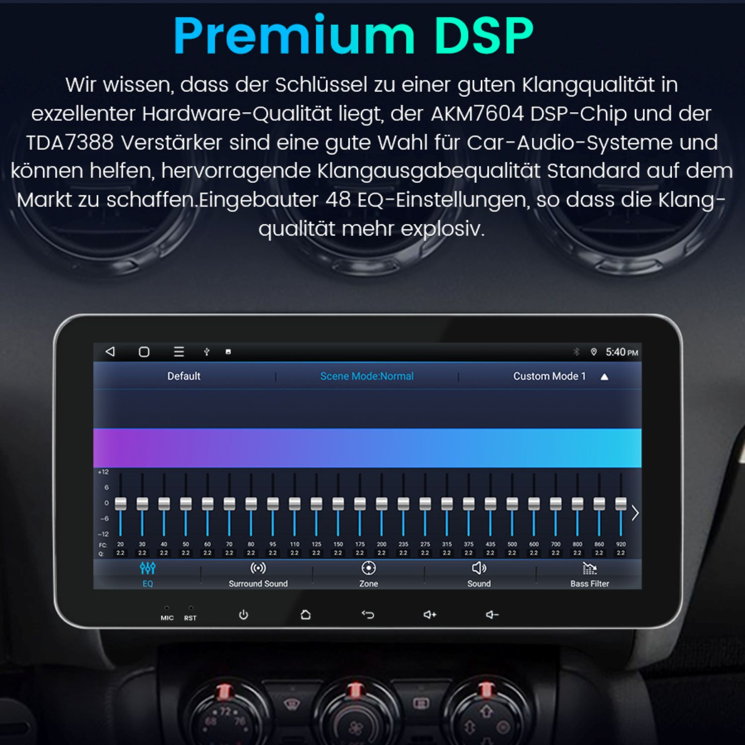 Auto-Audio-Bildschirm mit EQ-Einstellungen. Balken stellen Tonfrequenzen dar. Text: Premium DSP.