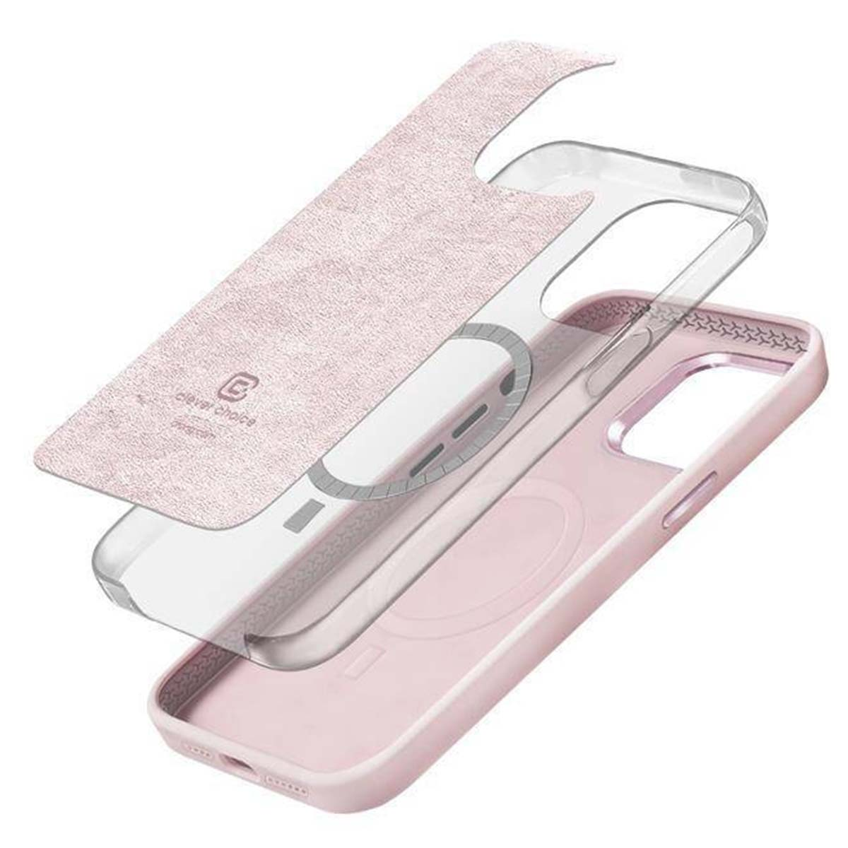 Una custodia per telefono rosa, in tre strati, con una cornice in plastica trasparente e uno strato superiore testurizzato. La custodia è angolata.
