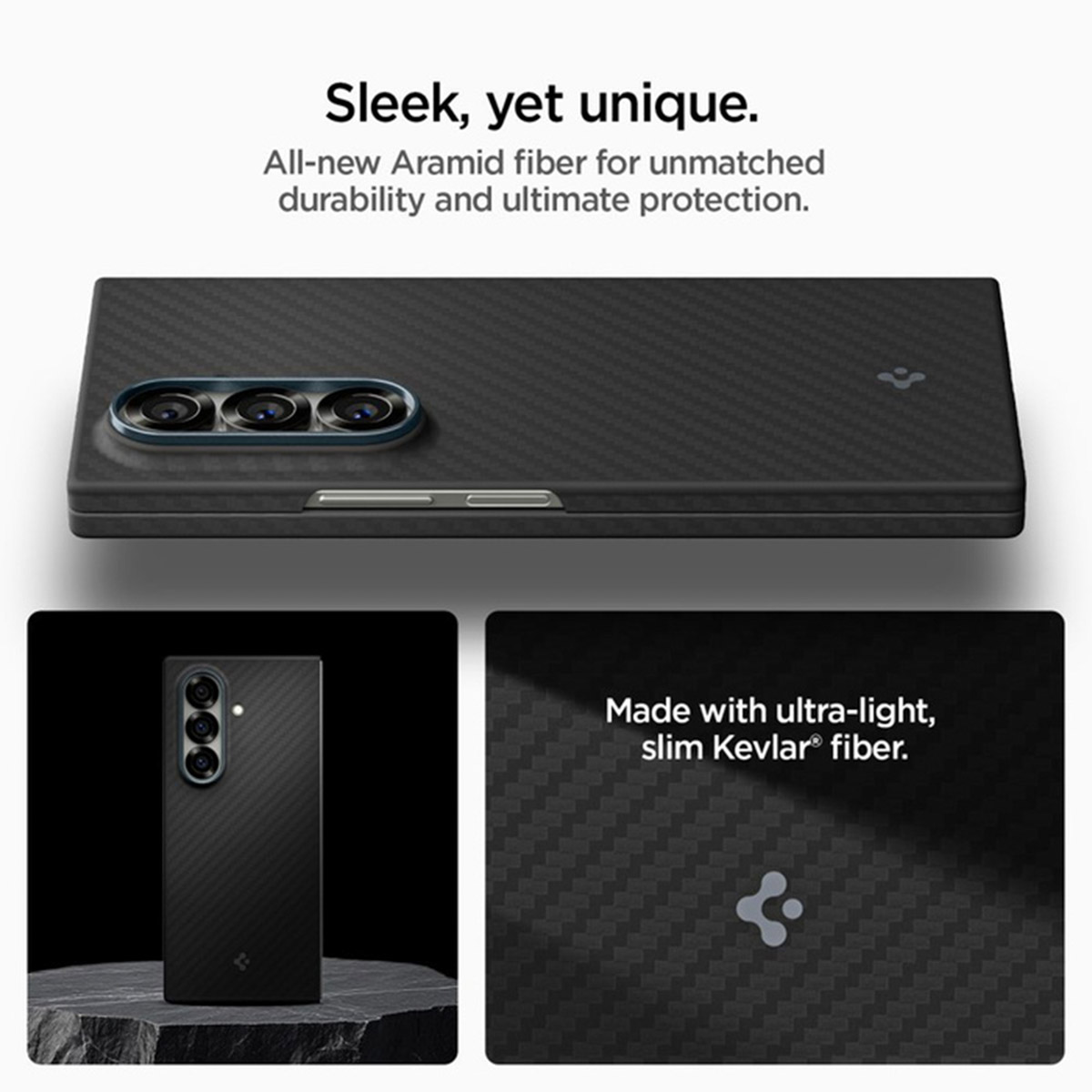 L'immagine mostra una custodia per telefono con una trama in fibra di carbonio. Il testo recita 'Elegante, ma unico' e 'Realizzato con fibra Kevlar® ultra-leggera e sottile'.