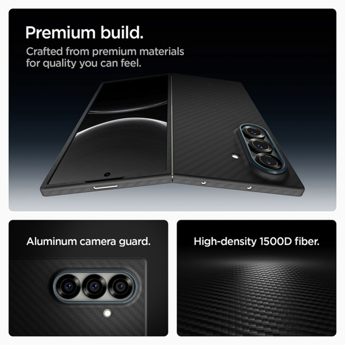 Un telefono pieghevole nero mostra la sua costruzione premium, la protezione della fotocamera in alluminio e il design in fibra ad alta densità.