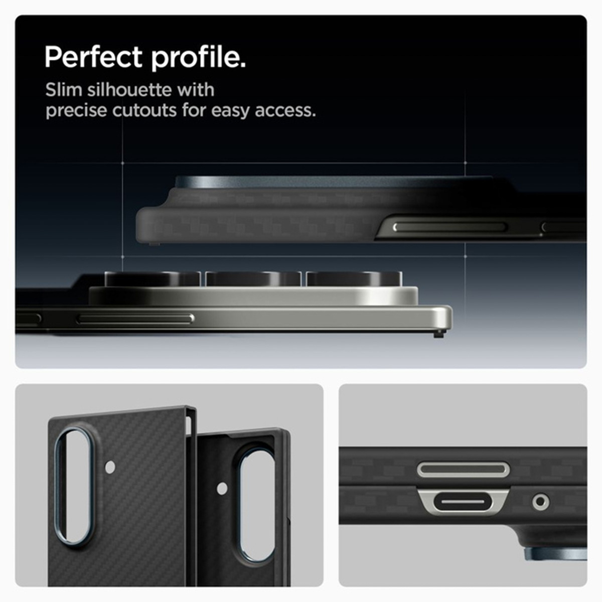 L'immagine mostra una custodia per telefono con ritagli precisi, profilo perfetto e silhouette sottile. La custodia è nera con texture in fibra di carbonio.